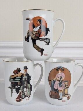 ​Vintage 1981 Norman Rockwell Coffee Mugs Set of 3 Saturday Evening Post Gold